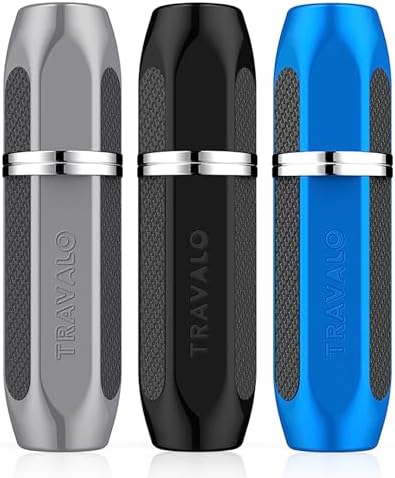 Travalo Vector Perfume Atomizer Bundle Refill System TSA Approved Reusable Easy Fill Mini Sprayer Lightweight, Stylish Handsome Metal Outer Case Cologne Aftershave | Silver, Blue, Black 3 Pack 0.17oz
