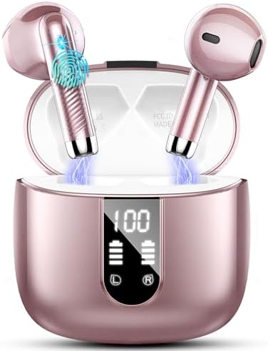 Wireless Earbuds, 2024 Bluetooth Headphones 5.3 Ear buds Built-in ENC Noise Cancelling Mics, 40H Stereo Bass Bluetooth Earbuds with Dual LED Display, IP7 Waterproof Earphones for Android iOS, Rosegold