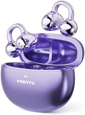 Clip on Earbuds Open Ear Earbuds Wireless Headphones with Mic,66H Play Bluetooth 5.4 Bone Conduction Headphones,Noise Cancelling,IPX5 Waterproof,Secure Fit for Small Ears, Sports&Workout,Purple