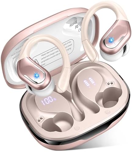 Wireless Earbud, 75H Bluetooth 5.4 Headphones Sport IP7 Waterproof, Running Wireless Earphones with ENC Noise Canceling Mic, 3D Bass Over Ear bud with Earhooks for Android, iOS, Workout, Gym, Rosegold