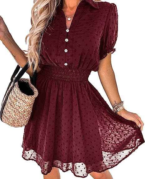PRETTYGARDEN Women's Summer Dress Casual V Neck Short Sleeve Swiss Dots Elastic Waist A-line Flowy Mini Dresses